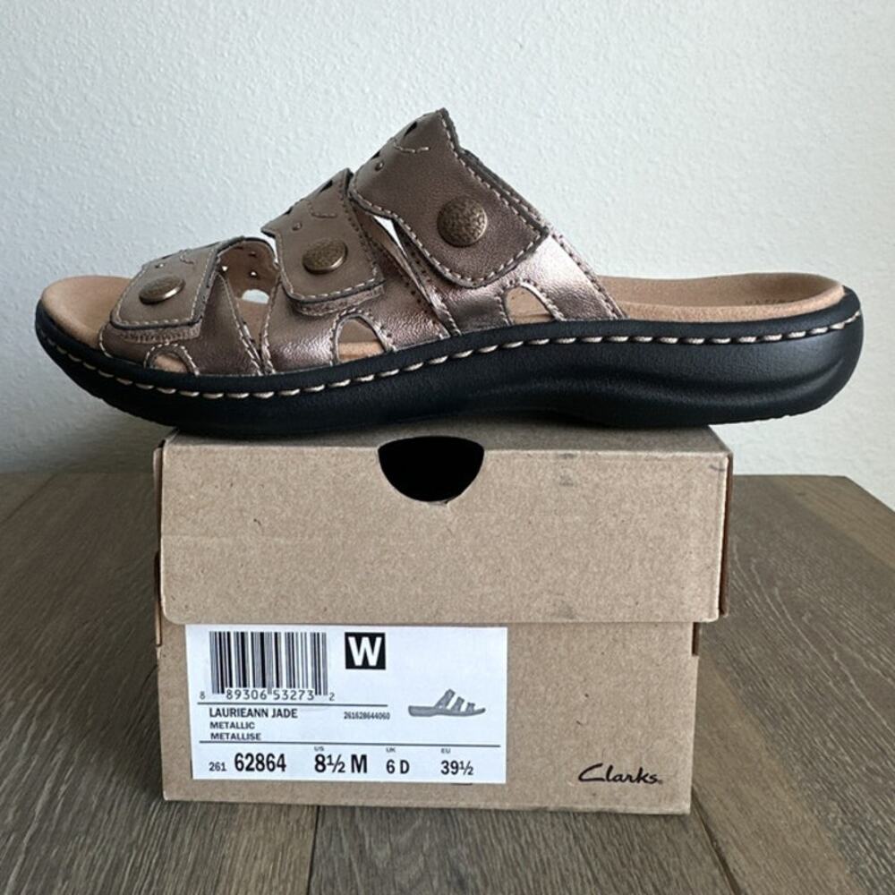 Clarks Laurieann Jade Bronze Metallic Leather Slide Sandals Women Size 8.5